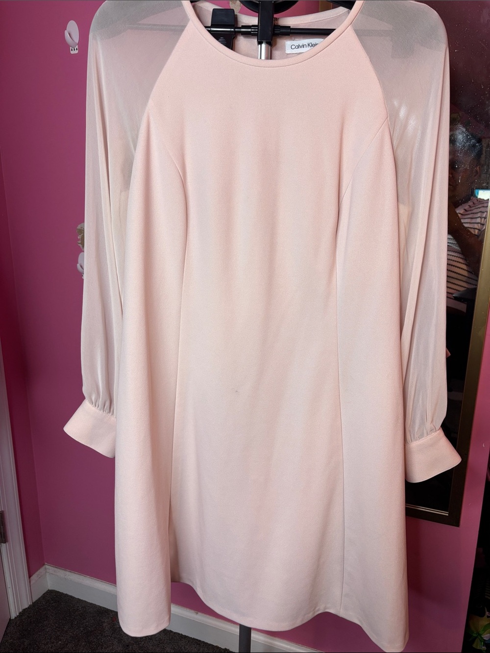 Calvin Klein Blush Pink Chiffon Sleeve Shift Dress Size 14